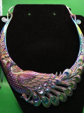 Iridescent Rainbow Peacock Inspired Choker Bib Necklace